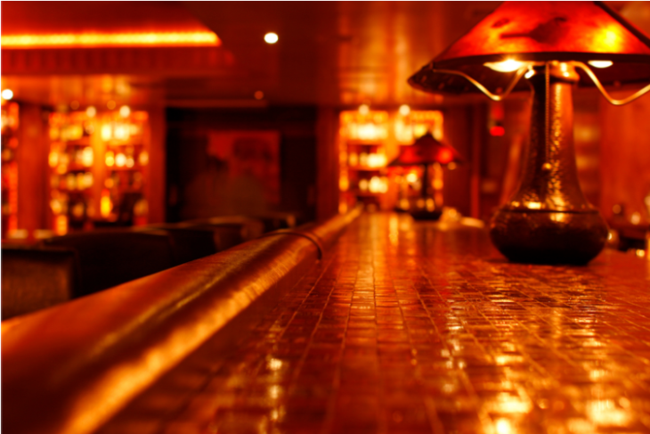 The bar of a speakeasy in Las Vegas dimly lit