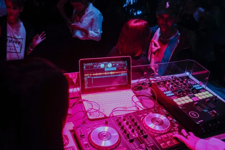 A DJ’s set-up in a club.