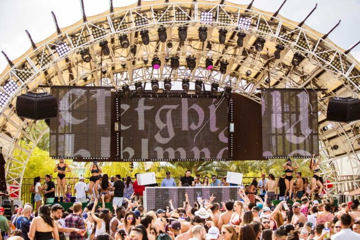 A crowd partying in front of the stage at the Exodus Festival in Las Vegas