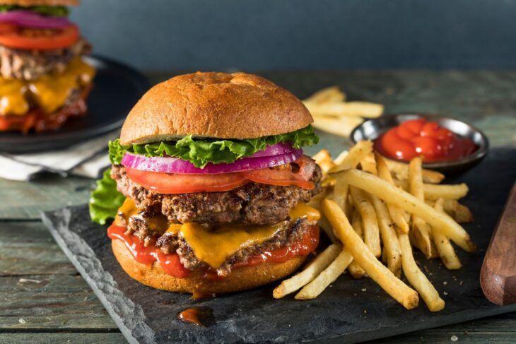 One of the best burgers in Las Vegas served with fries and ketchup