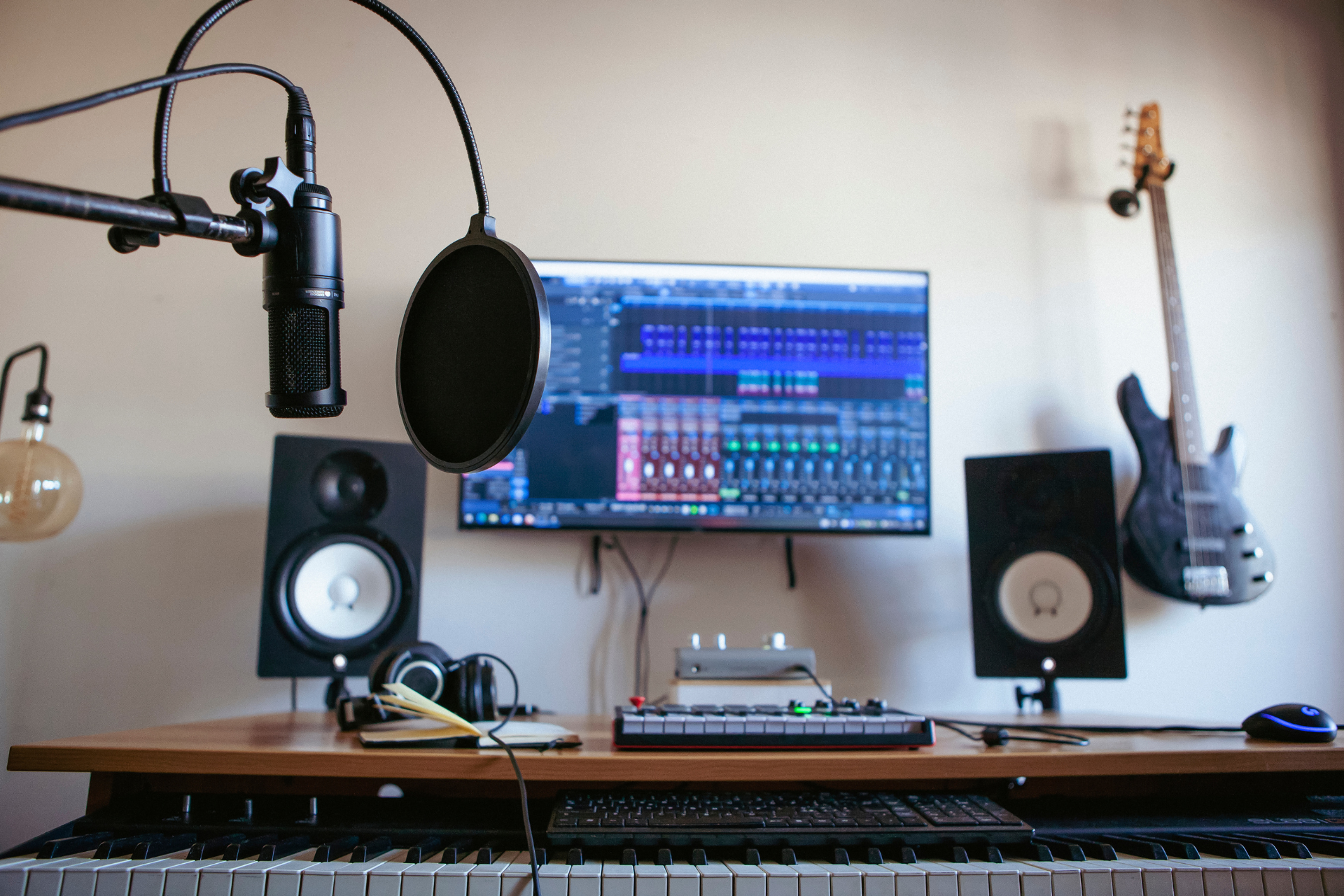 A table set-up with instruments used for EDM music production