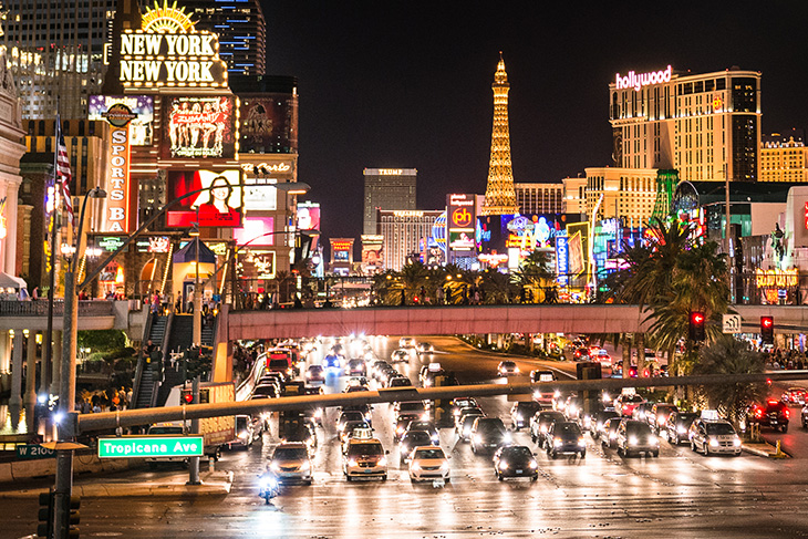A night-time street view of the Las Vegas Strip